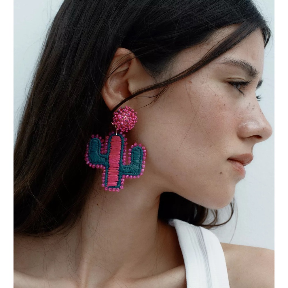 ZARA RAFFIA GLITTER CACTUS EARRINGS NWT